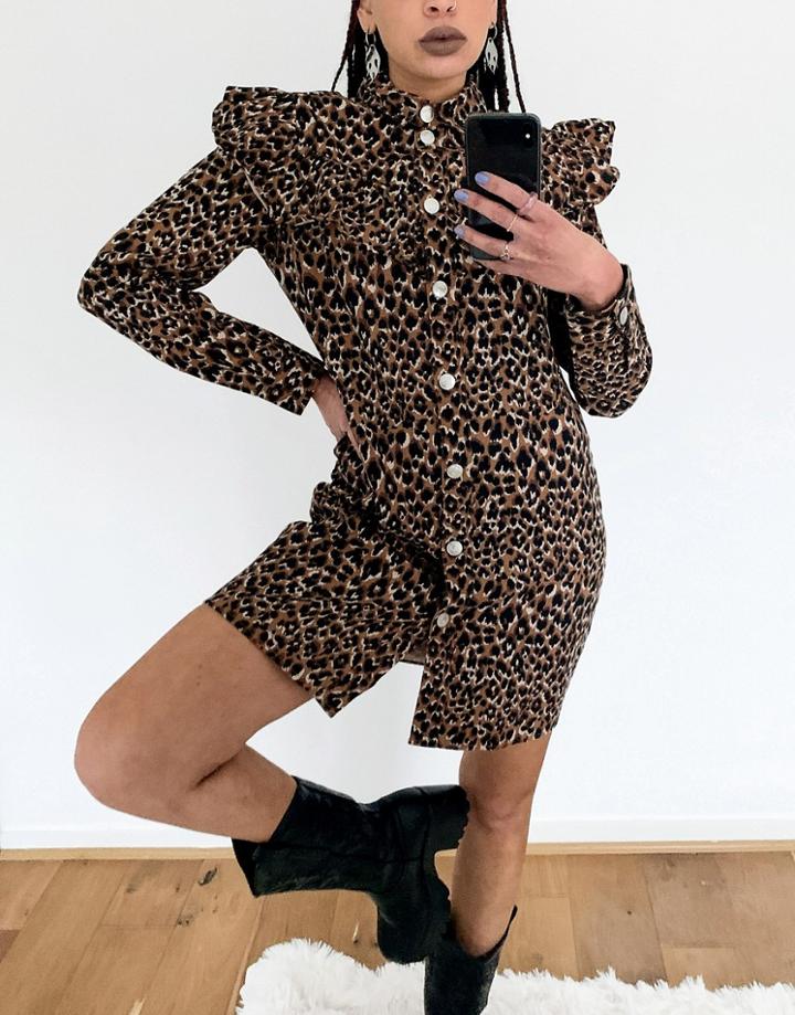 Noisy May Denim Shirt Dress With Ruffle Bib Detail In Leopard-multi