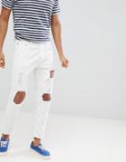 Jack & Jones Distressed Jeans In Tapered Fit With Raw Hem - White