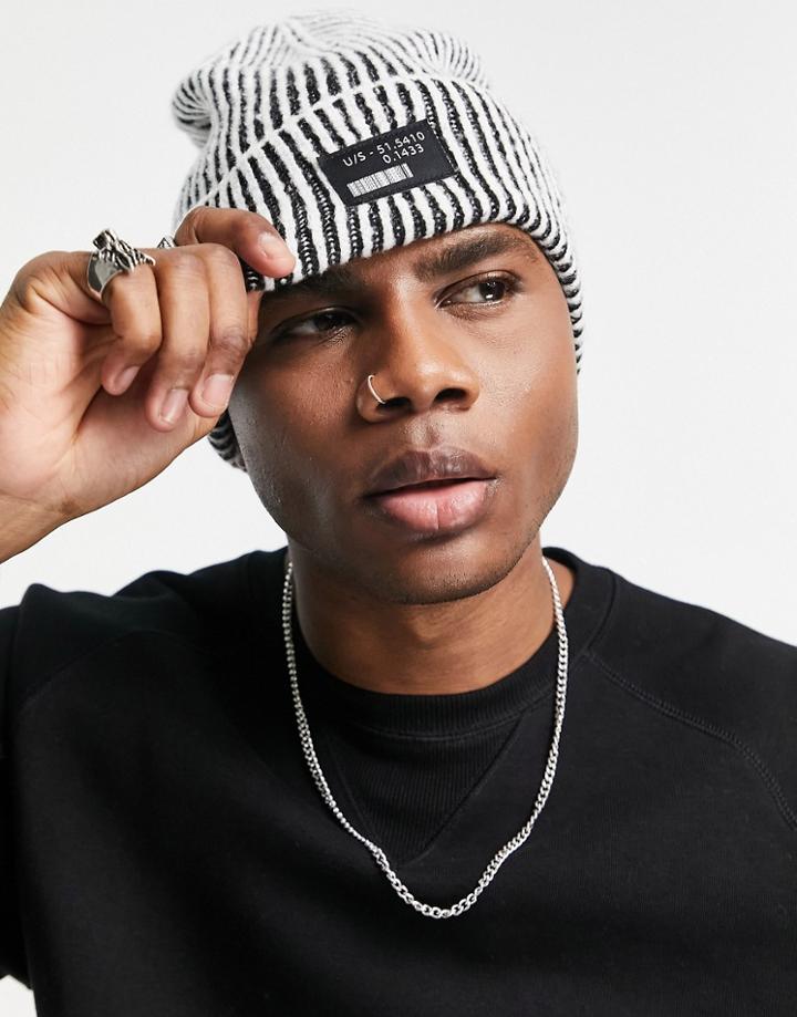 Asos Design Rib Beanie With Deep Turn Up In Two Tone Black And White