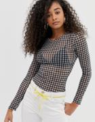 Daisy Street Shrunken Long Sleeve Top In Mini Gingham Mesh - Black