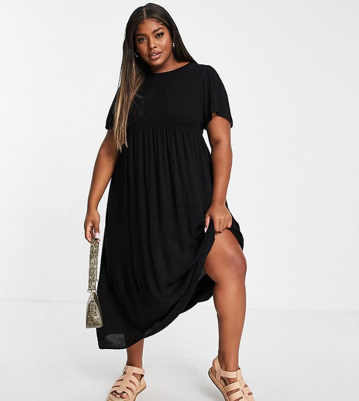Yours Tiered Midi Smock Dress In Black