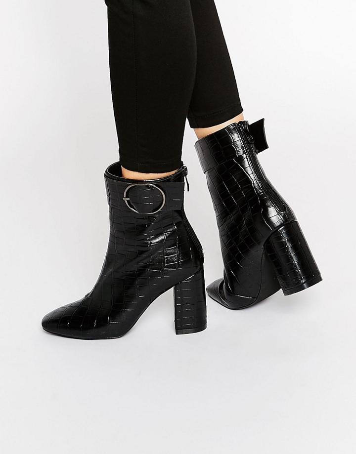 Public Desire Kim Ring Buckle Croc Heeled Ankle Boots - Black
