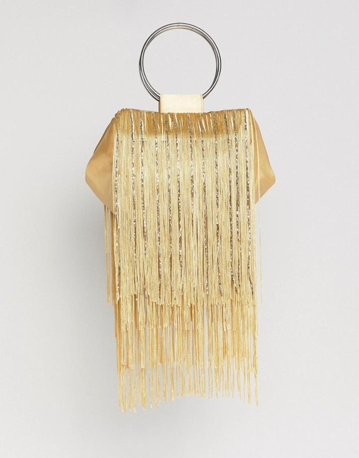 Asos Design Beaded Fringe Grab Handle Clutch Bag - Gold