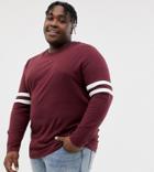 Asos Design Plus Relaxed Longline Long Sleeve T-shirt With Contrast Sleeve Stripe In Burgundy - Red