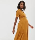 Asos Design Maternity Rib Midi Shirt Dress With Faux Tortoiseshell Buckle-yellow