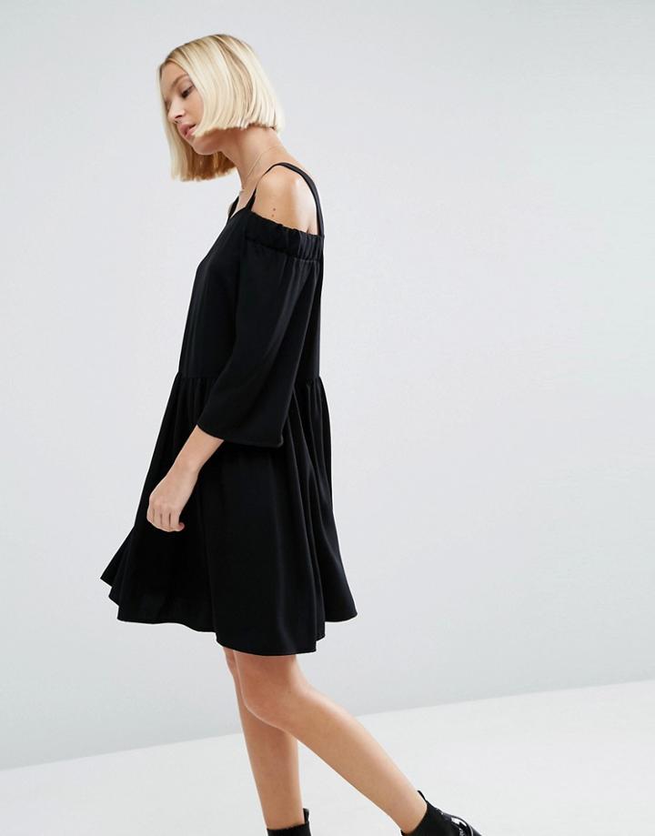 Asos Cold Shoulder Smock Dress In Twill Fabric - Black
