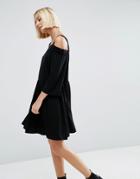 Asos Cold Shoulder Smock Dress In Twill Fabric - Black