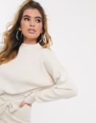 Missguided Two-piece Knitted High Neck Sweater In Sand-neutral