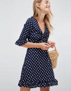Qed London Polka Dot Tea Dress With Frill Details - Navy