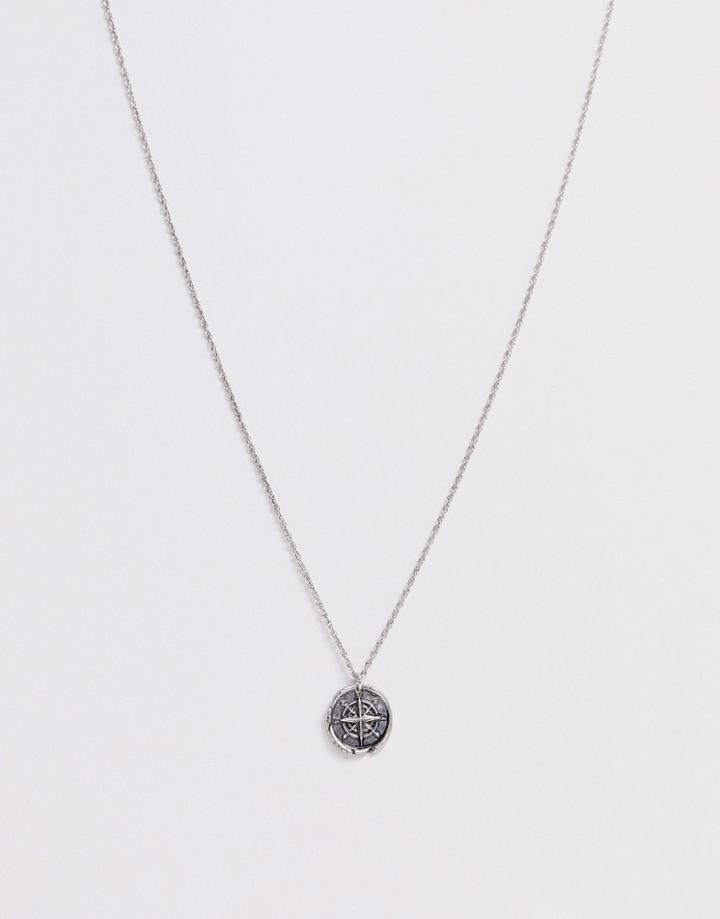 Asos Design Necklace In Burnished Silver Tone With Compass Coin