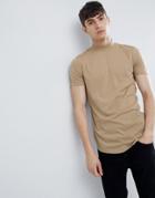 Asos Design T-shirt With Turtleneck And Curved Hem - Beige