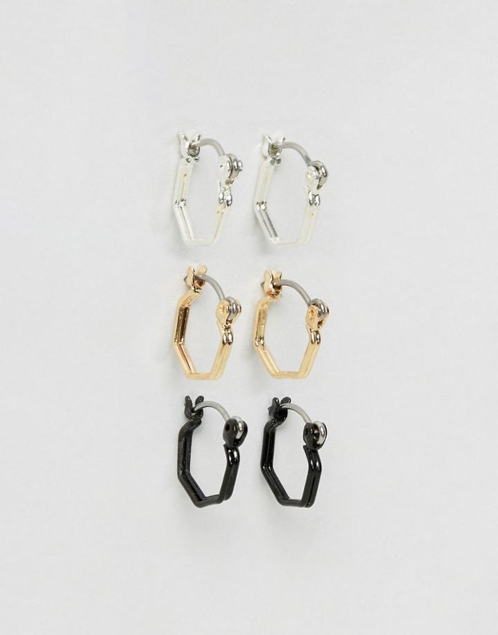 Asos Hexagon Hoop Earring Pack In Mixed Finish - Multi
