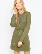 Asos Flared Sleeve Skater Dress With Lace Bib And Trims - Khaki