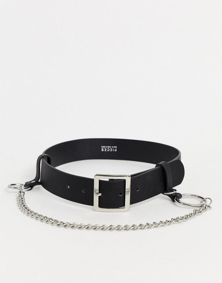 Pieces Belt With Silver Buckle And Chain Detail In Black