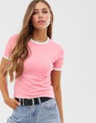 Asos Design Fitted T-shirt With Contrast Trim In Pink - Pink