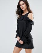 Ax Paris Cold Shoulder Top With Frill Detail - Black