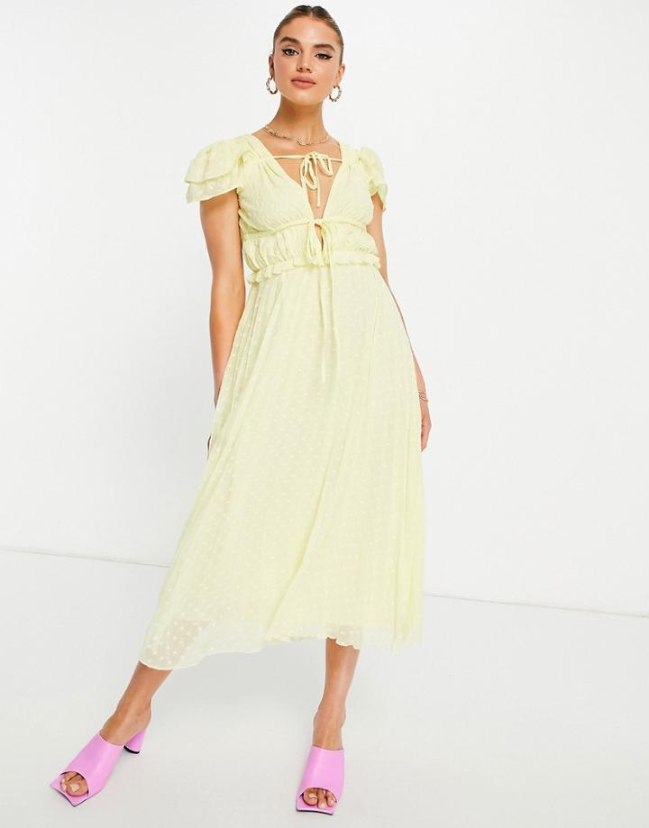 Asos Design Plunge Pleated Midi Dress In Broderie Textured In Yellow