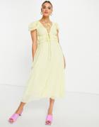 Asos Design Plunge Pleated Midi Dress In Broderie Textured In Yellow