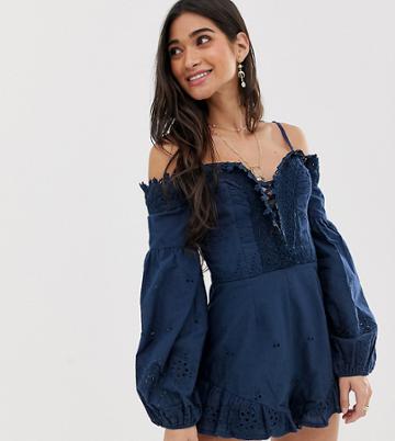 Sisters Of The Tribe Off Shoulder Romper With Lace Hem - Navy