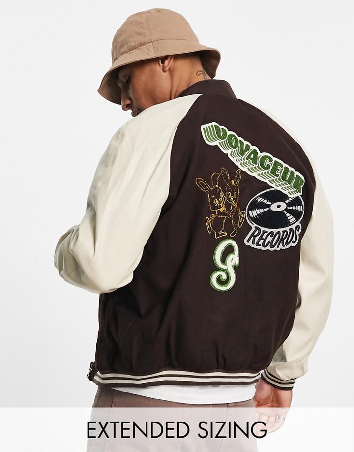Asos Design Faux Leather Varsity Jacket With Embroidery In Brown-black