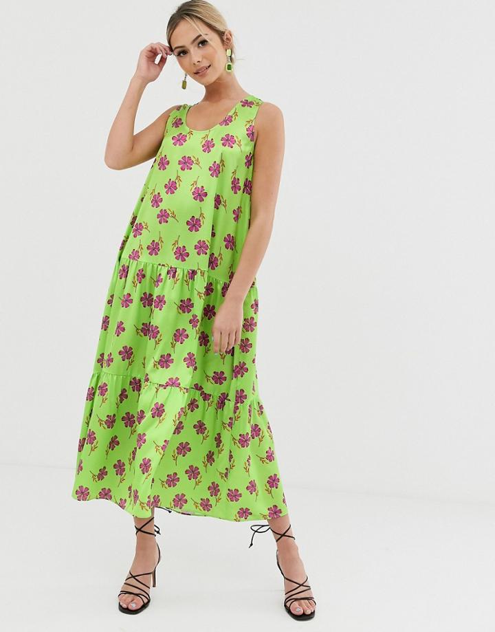 Liquorish A Line Midi Dress In Green Floral Print - Green