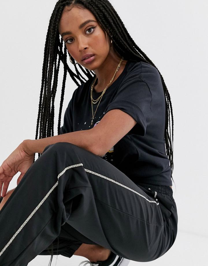 Daisy Street Relaxed Cuffed Sweatpants With Rhinestone Trim - Black