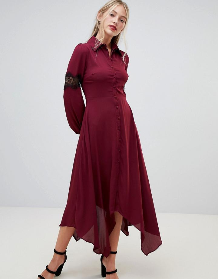Hope & Ivy Long Sleeve Dip Hem Shirt Dress With Lace Insert - Red