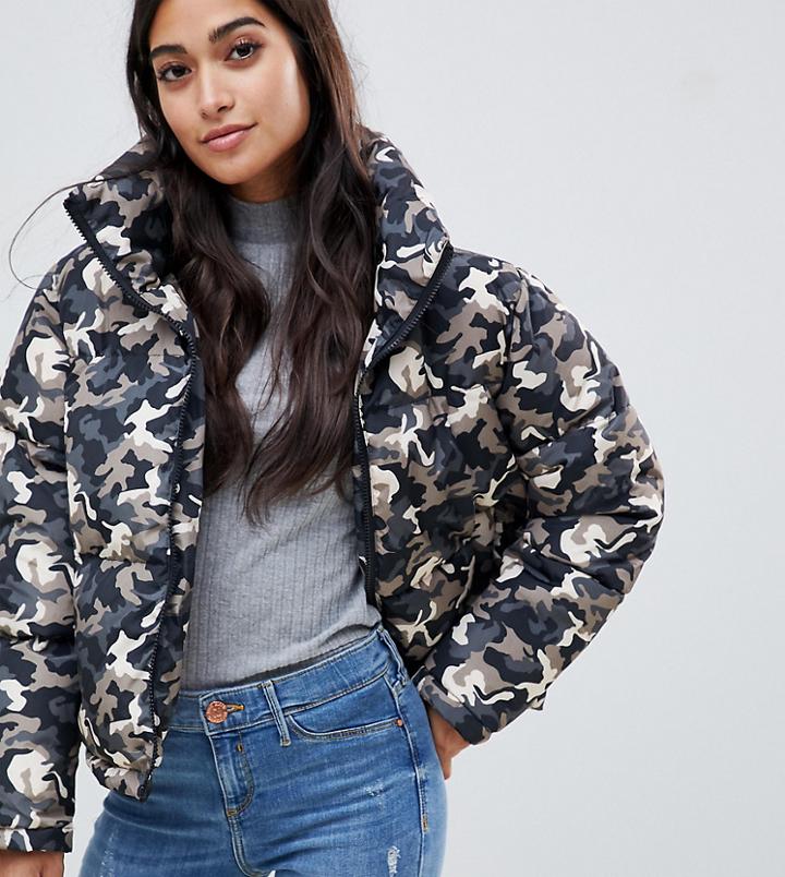 Brave Soul Petite Tash Oversize Puffer Coat In Camo - Multi