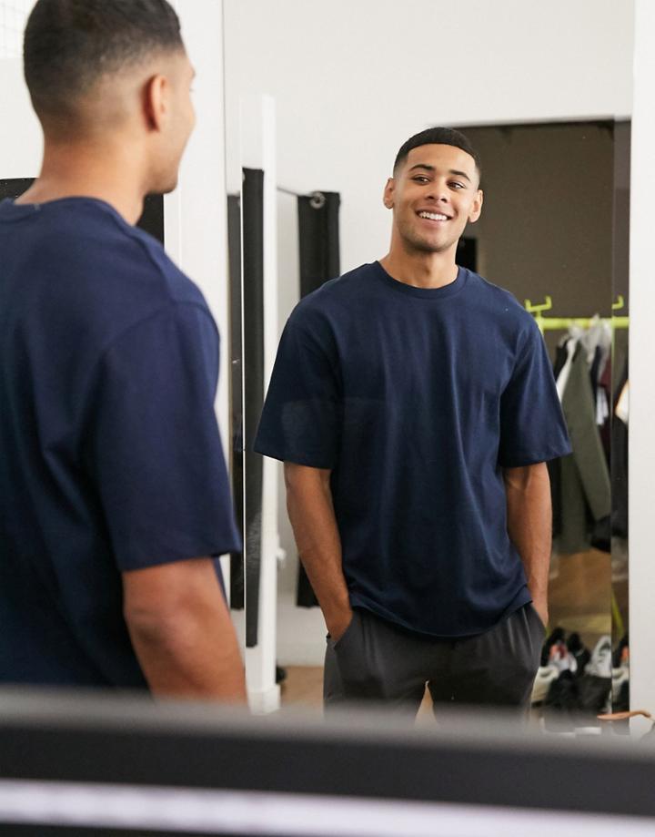 Selected Homme Oversized T-shirt In Heavy Organic Cotton Navy