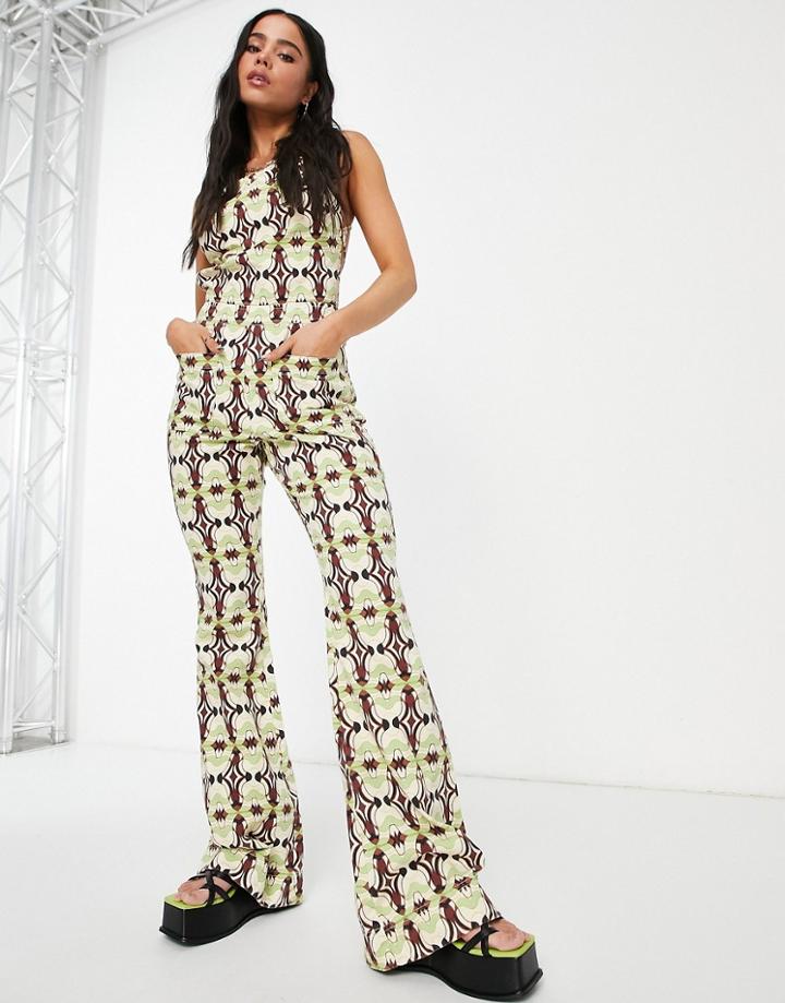Asos Design Halter Neck Jumpsuit With Flare Leg In Geo Print-multi