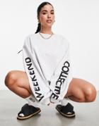 Asos Weekend Collective Cropped Sweatshirt With Sleeve Graphic In Ice Heather-gray