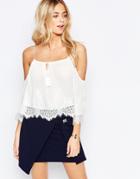 Parisian Cold Shoulder Embroidered Top With Tassel Detail - White