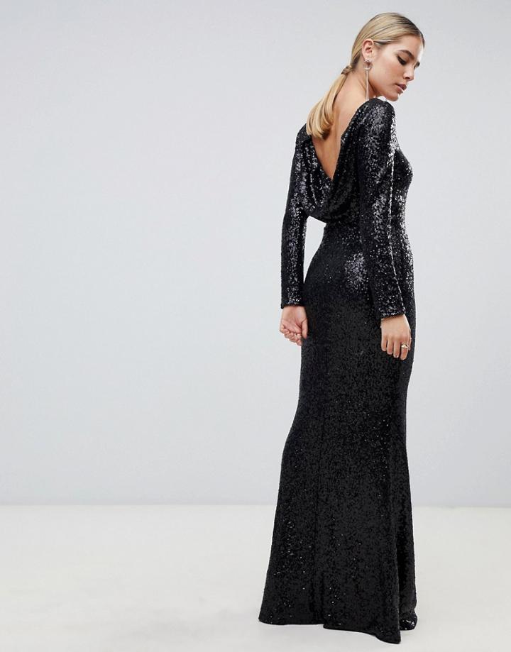 Outrageous Fortune Sequin Long Sleeve Maxi Dress With Cowl Back And Fishtail In Black - Black