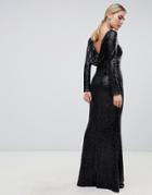 Outrageous Fortune Sequin Long Sleeve Maxi Dress With Cowl Back And Fishtail In Black - Black