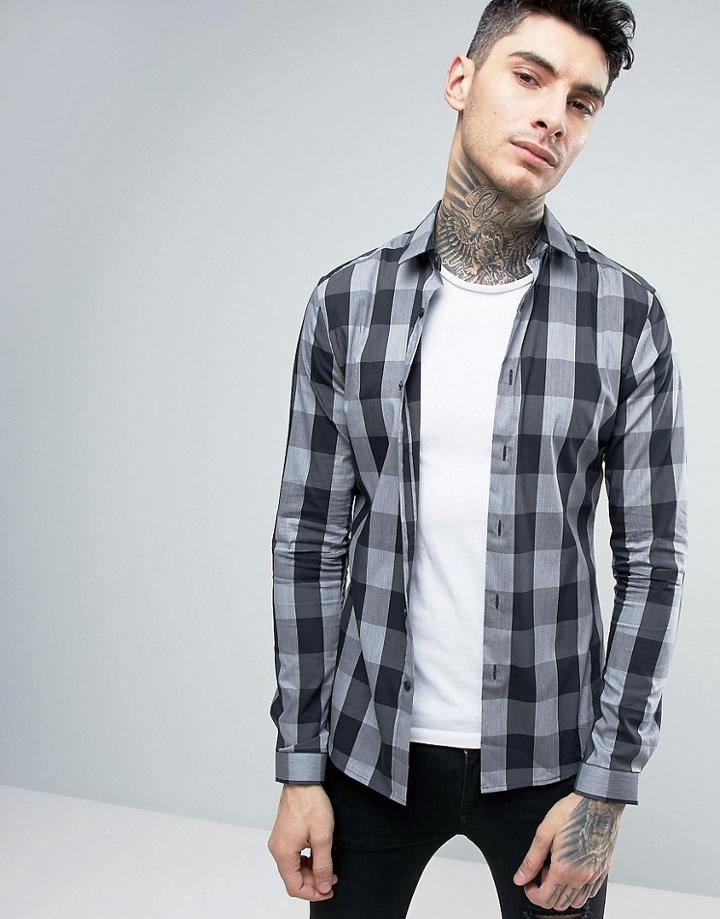 Asos Super Skinny Buffalo Plaid Shirt In Black - Gray