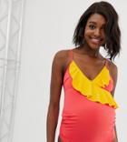 Asos Design Maternity Recycled Color Block Frill Neck Swimsuit In Strawberry Pink - Pink