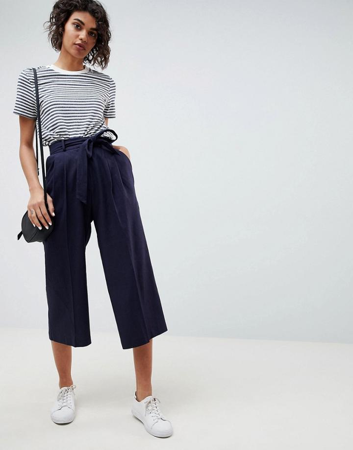 Asos Design Tailored Linen Culottes With Tie Waist And Turn Up - Navy