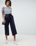 Asos Design Tailored Linen Culottes With Tie Waist And Turn Up - Navy