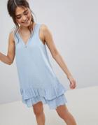 Asos V Front V Back Pep Hem Sundress In Grid Texture - Blue