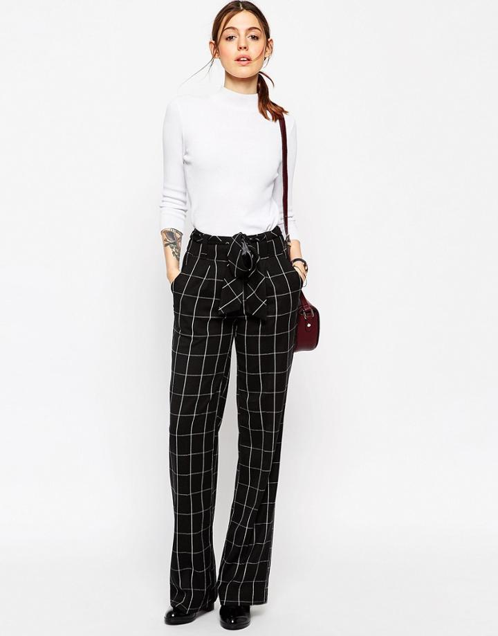 Asos Wide Leg Pants In Mono Grid Check With Obi Tie - Mono