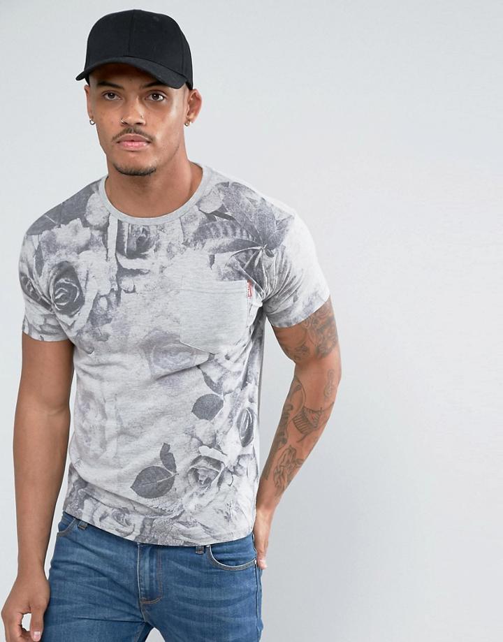 Soul Star Rose Printed Pocket T-shirt - Gray