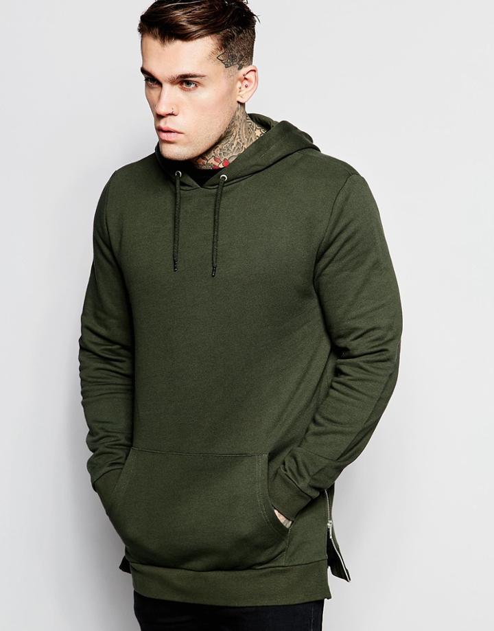 Asos Longline Hoodie With Zips In Khaki - Green