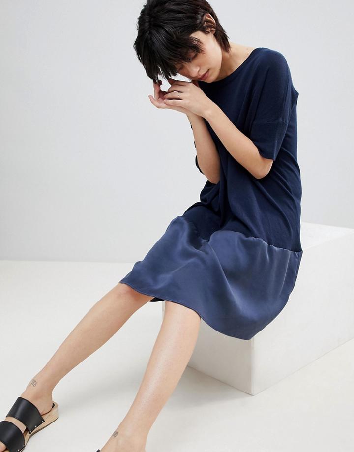 Paisie Relaxed Fit Knitted Dress With Silk Panel - Navy