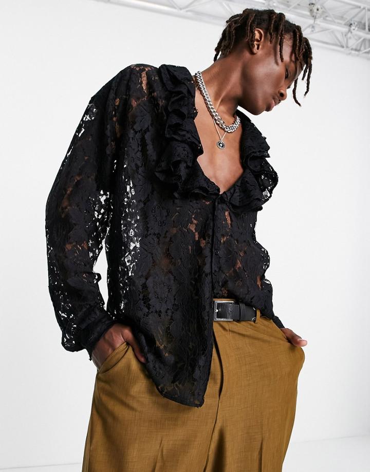 Asos Design Regular Lace Shirt With Extreme Ruffle Open Chest-black