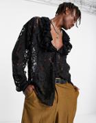 Asos Design Regular Lace Shirt With Extreme Ruffle Open Chest-black