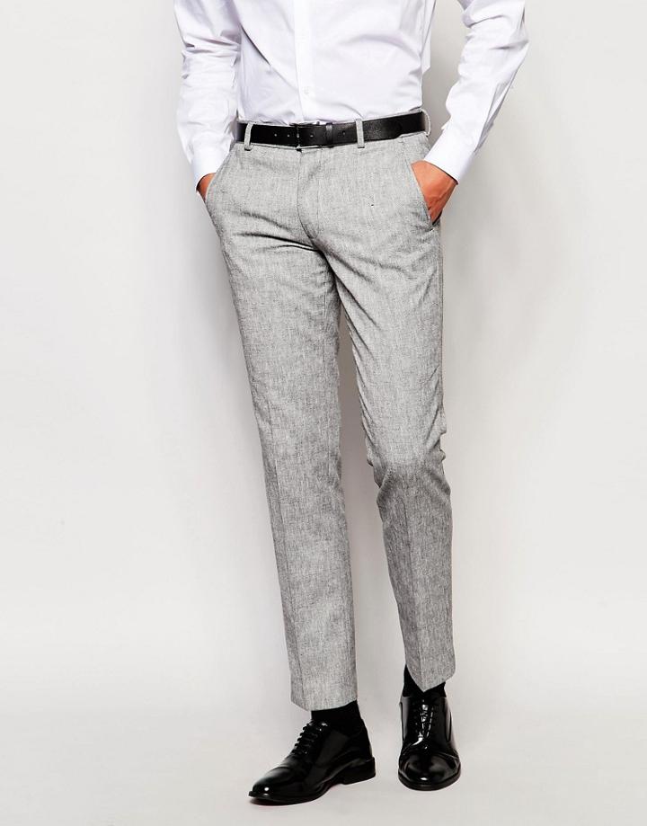 New Look Slim Fit Suit Pants In Gray Herringbone Slub - Cream