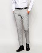 New Look Slim Fit Suit Pants In Gray Herringbone Slub - Cream