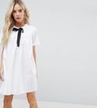 Asos Petite Smock Dress With Eyelet Detail And Grosgrain Tie - White