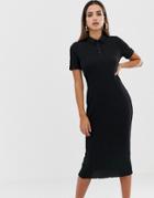 Asos Design Midi Rib Polo Dress With Babylock Hem-black