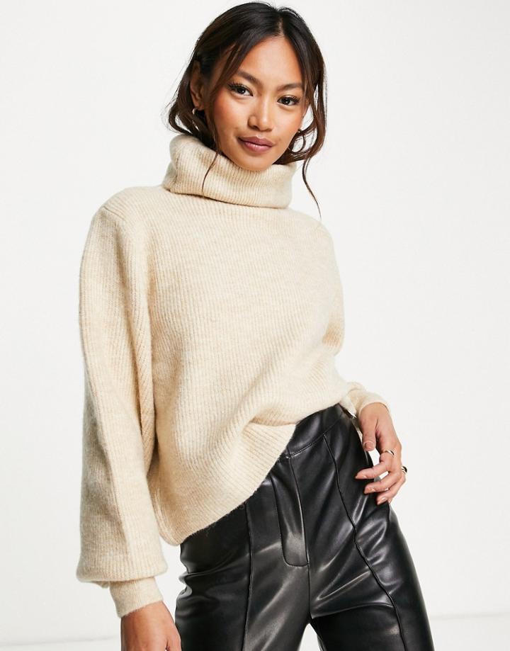 Topshop Knit Ribbed Crop Sweater With Roll Neck In Sand-neutral